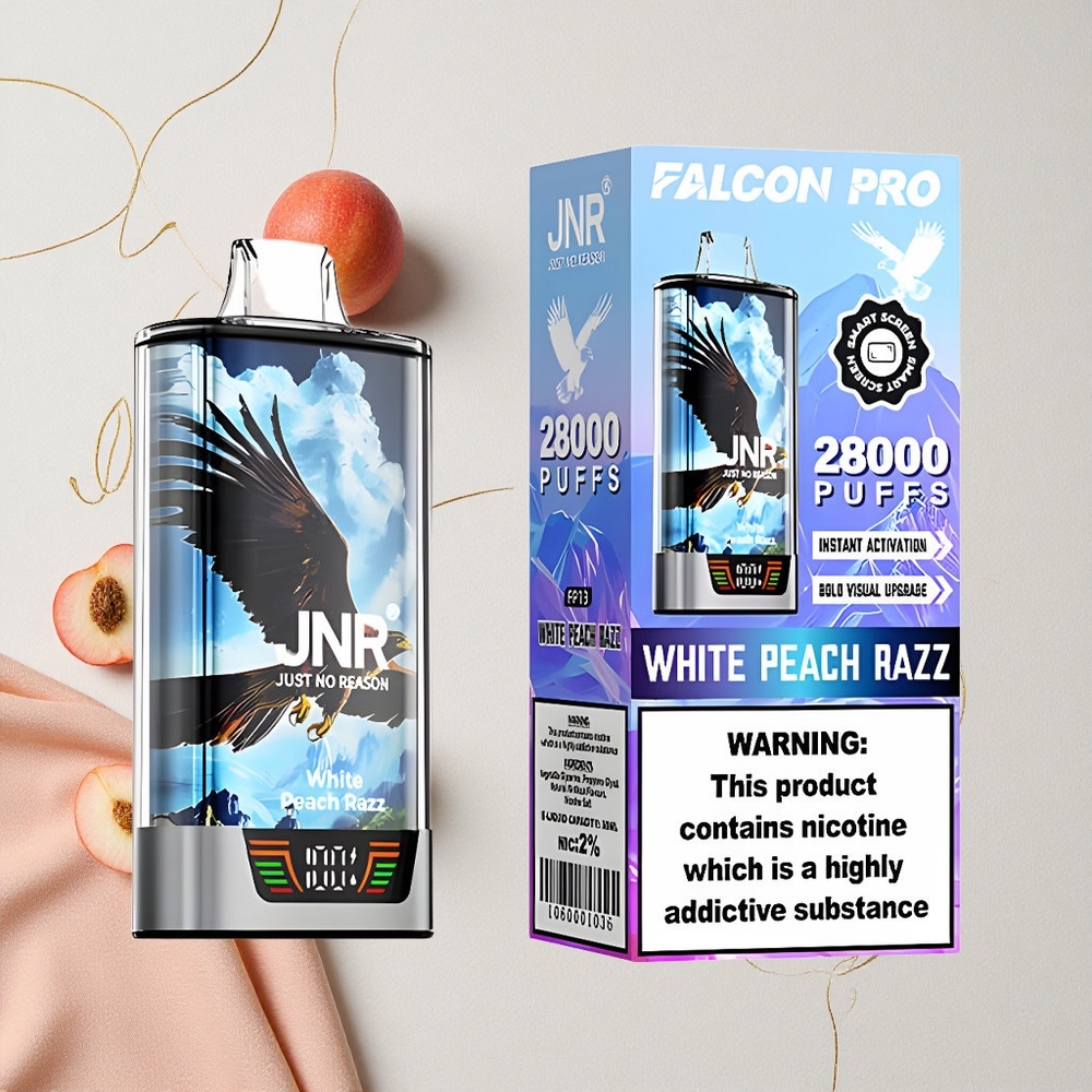 Pesca Bianca e Lampone JNR Falcon Pro 28000 Puff 30ml Capacità Pre-Riempiuta 950mAh Capacità della Batteria all'ingrosso Italia